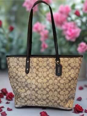 Coach City Tote Tan/Brown Signature Canvas Tote with Dark Brown Trim